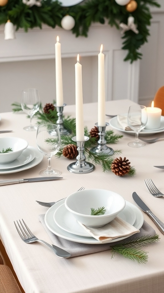 Minimalist Christmas table setting with white dinnerware, greenery, and candles.